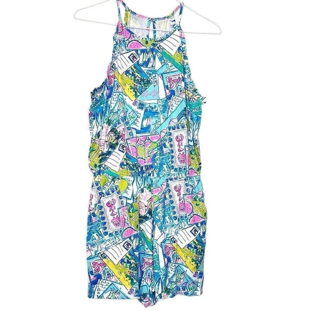 Lilly Pulitzer Pop-Up Wish You Were Here Halter Multicolor Dayley Romper Size XS